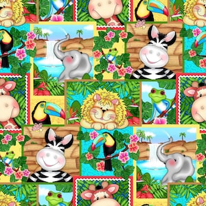 May include: A colorful patchwork design featuring various jungle animals, including a zebra, lion, toucan, elephant, and frog. The animals are depicted in a cartoon style and are surrounded by lush green foliage and flowers.