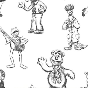 May include: Black and white line drawing of various Muppet characters, including Kermit the Frog playing a banjo, Animal with a microphone, and Fozzie Bear wearing a hat and scarf.