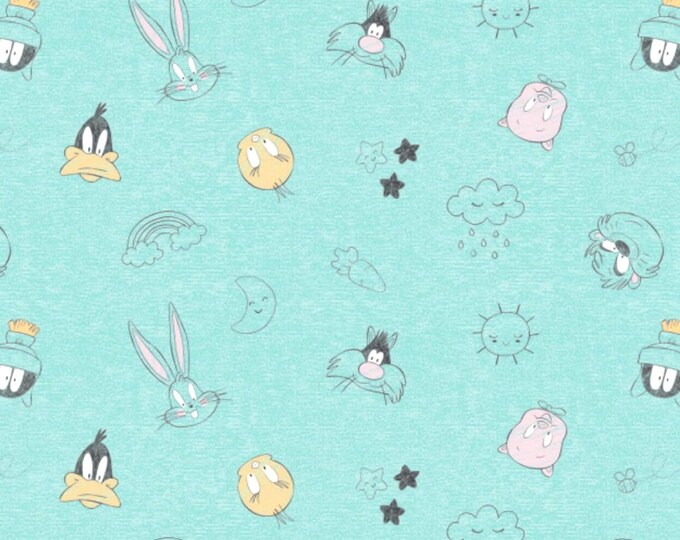Camelot Fabrics Looney Tunes Little Dreamer Characters On Heather Turquoise Premium Quality 100% Cotton Fabric (CA71KK)