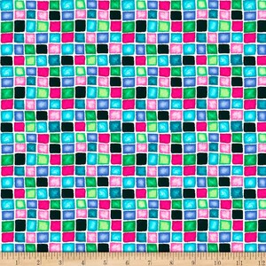 May include: A seamless pattern of colorful squares in shades of pink, green, blue, and black. The squares are arranged in a staggered pattern on a white background.
