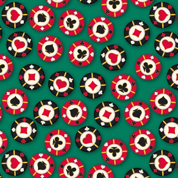 David Textiles Casino Fun Poker Chip Scatter Green Premium Quality 100% Cotton Fabric (M638DT)