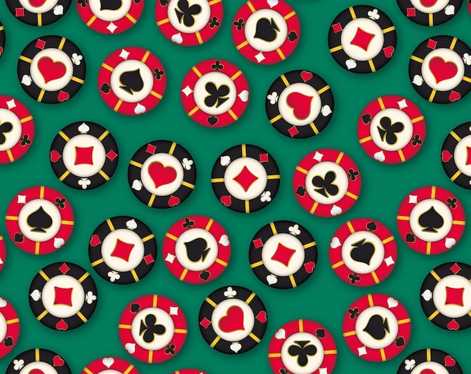 David Textiles Casino Fun Poker Chip Scatter Green Premium Quality 100% Cotton Fabric (M638DT)