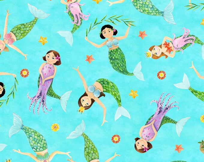Elizabeth's Studio Little Tossed Mermaids, Blue Premium Quality 100% Cotton Fabric (ES3KK)