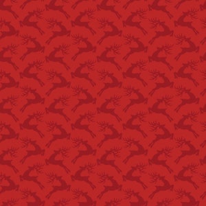 May include: A red background with a repeating pattern of dark red reindeer silhouettes. The reindeer are facing right and have antlers.