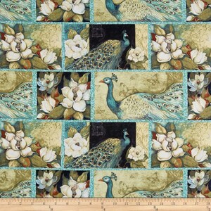 May include: A teal and green fabric with a repeating pattern of peacocks and white magnolia flowers. The peacocks have blue and green feathers and are shown in various poses.