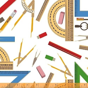 May include: A white background with a variety of colorful school supplies, including rulers, protractors, compasses, pencils, erasers, and a USB drive. The supplies are scattered randomly across the background.
