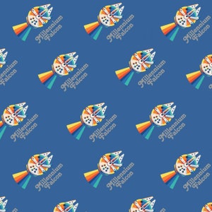 May include: A repeating pattern of the Millennium Falcon spaceship in a retro style with a rainbow behind it. The text "Millennium Falcon" is repeated throughout the pattern on a blue background.