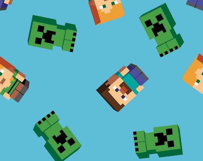 Springs Creative Mine Craft Friends Steve Alex & Creeper Tossed Blue Premium Quality 100% Cotton Fabric (SC1569KK)