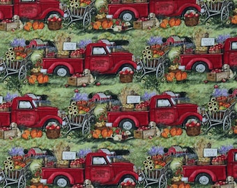 Springs Creative Red Trucks Apples Pumpkins Sunflowers Thanksgiving Fall Autumn Harvest Truck Premium Quality 100% Cotton Fabric (SC108XX)