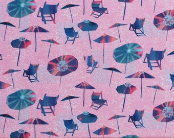 Windham Fabrics Beach Umbrellas Chairs Summer Vacation Tropical Pink Sunnyside Premium Quality 100% Cotton Fabric (M621)