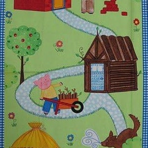 May include: A colorful illustration of the Three Little Pigs story. The image features three pigs, a wolf, and three houses made of different materials. The first house is made of straw, the second of sticks, and the third of bricks. The wolf is blowing down the first two houses, but the brick house remains standing.