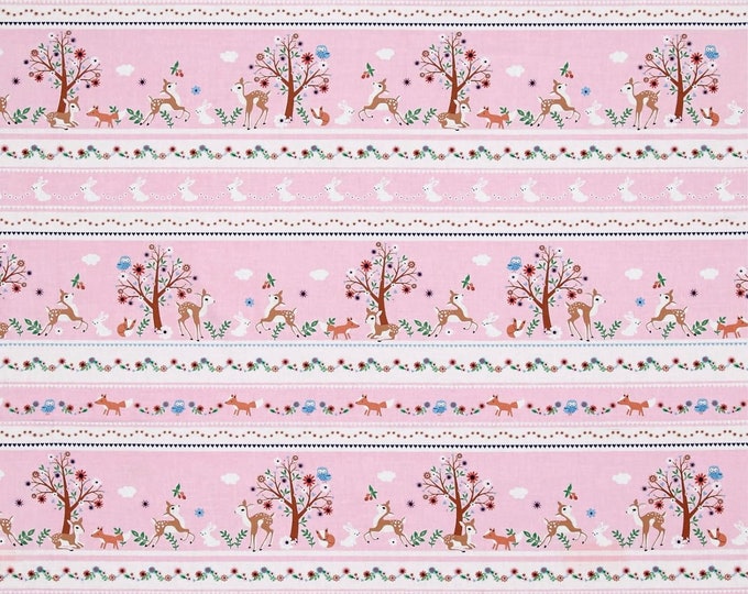 Timeless Treasures 0538463 Storybook Forest Bunny/Deer/Flower Stripe Premium Quality 100% Cotton Fabric (TT725)