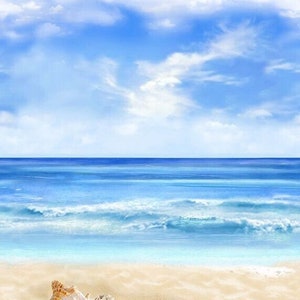 May include: A collection of seashells and starfish on a sandy beach with blue ocean and a cloudy sky in the background.