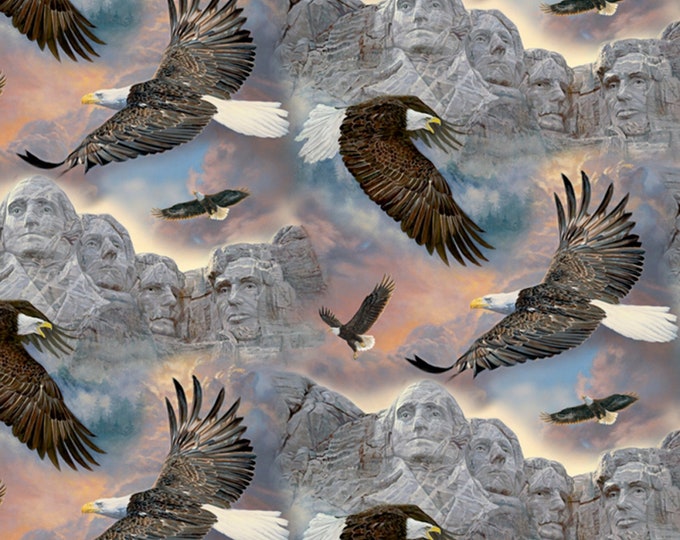 David Textiles American Patriotic Eagle Soaring Over Mount Rushmore Multicolor Premium Quality 100% Cotton Fabric by The Yard. (DA12XX)