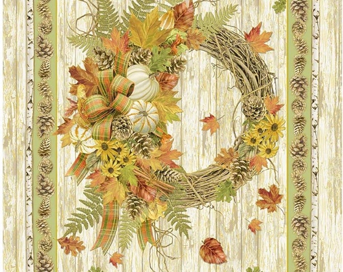 Timeless Treasures Fabrics Fall Foliage Beige Harvest Wreath 24in Panel Premium Quality 100% Cotton Sold By The Yard. (TT925)