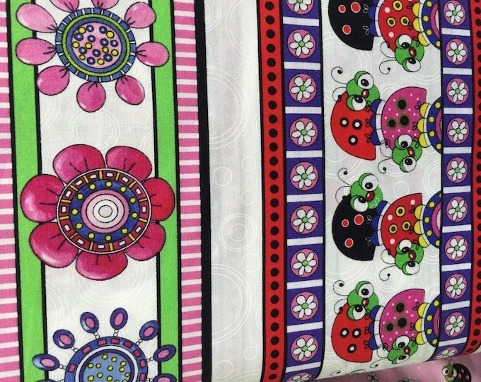 Quilting Treasures Lazy Little Ladybug Flowers Ladybug Stripe Premium Quality 100% Cotton Fabric (QT535)