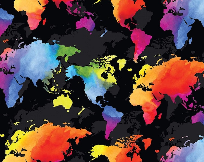 Timeless Treasures World Map Black/Multi Premium Quality 100% Cotton Fabric (TT1171KK)
