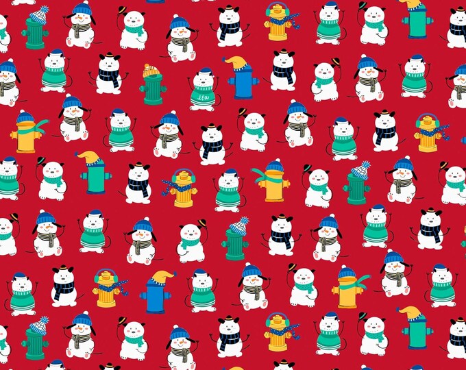 Quilting Treasures Chilly Dogs Winter Dogs & Fire Hydrants Red Premium Quality 100% Cotton Fabric (QT1108)