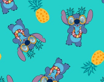 May include: A blue cartoon character with large eyes and a lei, wearing pineapple-shaped glasses, on a turquoise background with pineapples.