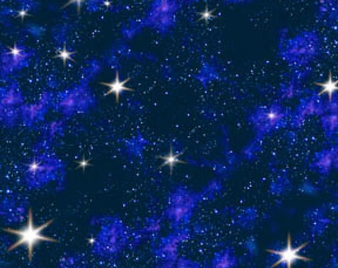 Elizabeth's Studio Blue Galaxy, Bright White Stars, Black Background, in Space Premium Quality 100% Cotton Fabric (ES176)