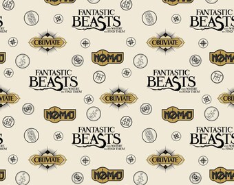 Camelot Fabrics Harry Potter Fantastic Beasts Sayings and Symbols in Cream Flannel Premium Quality 100% Cotton Fabric (CA1131)