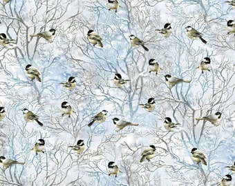 Timeless Treasures Tree Farm Blue Black Capped Chickadees on Snowy Branches Premium Quality 100% Cotton Fabric (TT750KK)