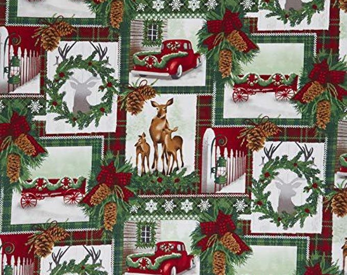 Timeless Treasures C6783 Multi Vintage Truck & Deer Cabin Christmas Premium Quality 100% Cotton Fabric (TT647)