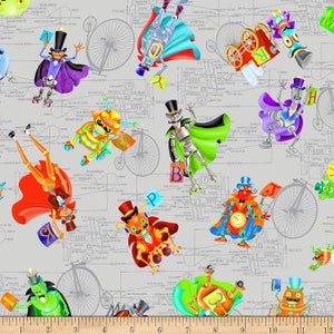 May include: A gray and white fabric with a repeating pattern of whimsical robots, bicycles, and letters. The robots are wearing top hats and capes, and the bicycles have large wheels. The letters are in a variety of colors and fonts.