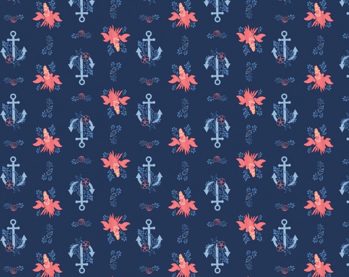 Camelot Fabrics Disney Little Mermaid Sebastian & Anchor in Navy Premium Quality 100% Cotton Fabric (CA765)