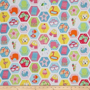 May include: A colorful fabric featuring a repeating pattern of beach-themed illustrations. Hexagons contain images of sunglasses, ice cream cones, starfish, flip-flops, and other summer elements. The design includes a variety of bright colors, including pink, blue, yellow, and green.