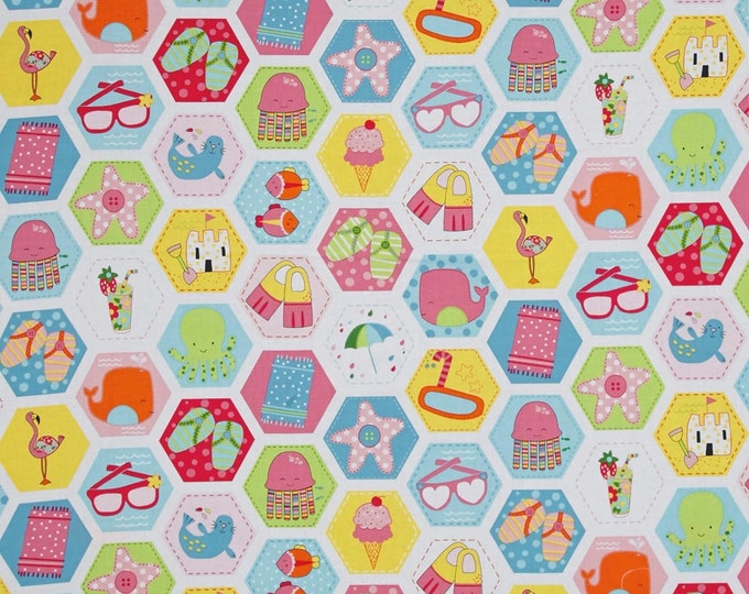 Marcus Brothers 0515665 Chasing Waves Hexagon Patch White Premium Quality 100% Cotton Fabric (M641)