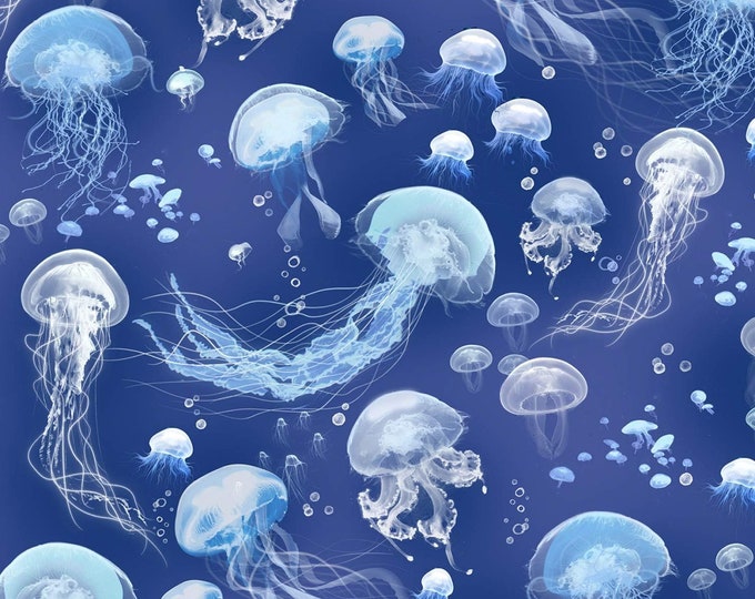 Timeless Treasures Swimming Jellyfish Blue Premium Quality 100% Cotton Fabric (TT1190KK)
