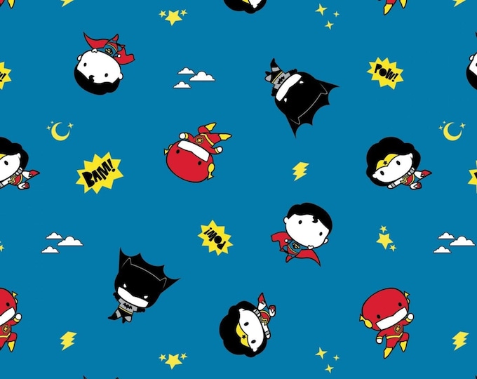 Camelot Fabrics Honbeanify DC Comics Fabric Justice League Tiny Heroes in Blue Premium Quality 100% Cotton Fabric (CA1288KK)