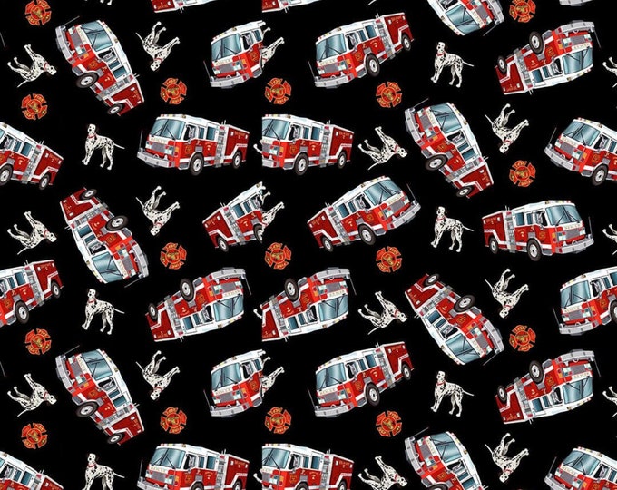 Camelot Fabrics Henry Glass To the Rescue Tossed Firetruck And Dalmatian in Black Premium Quality 100% Cotton Fabric (CA315BB)