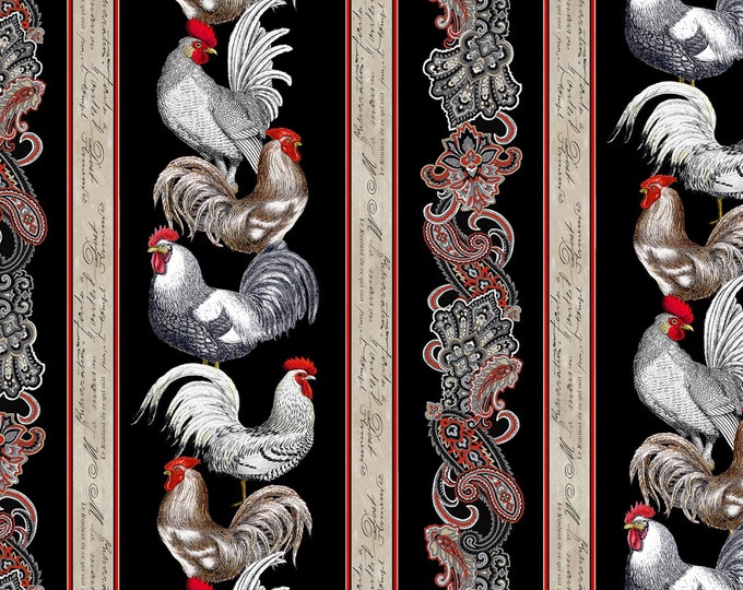 Timeless Treasures Rooster Border 11" Stripe Black Premium Quality 100% Cotton Fabric by The Yard. (TT1185KK)
