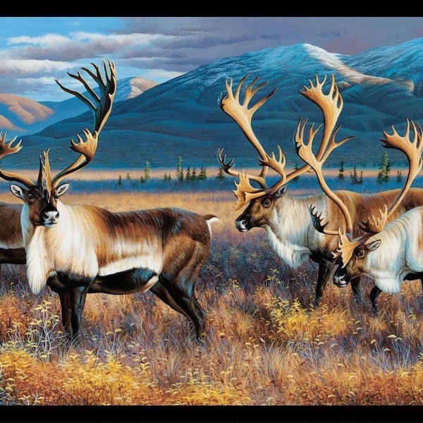 Elizabeth's Studio Northern Nomads Reindeer or Caribou Deer 28x43 panel Premium Quality 100% Cotton fabric by the Panel (ES454)