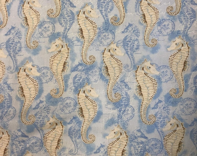Timeless Treasures Seahorses Beach Blue Premium Quality 100% Cotton Fabric (TT1062)