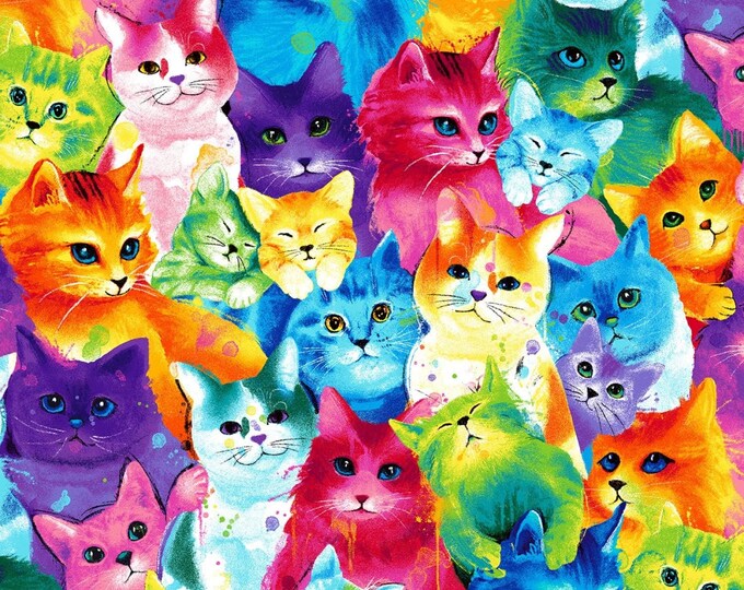 Timeless Treasures Rainbow Painted Bright Cats Multicolor Premium Quality 100% Cotton Fabric (TT1277KK)