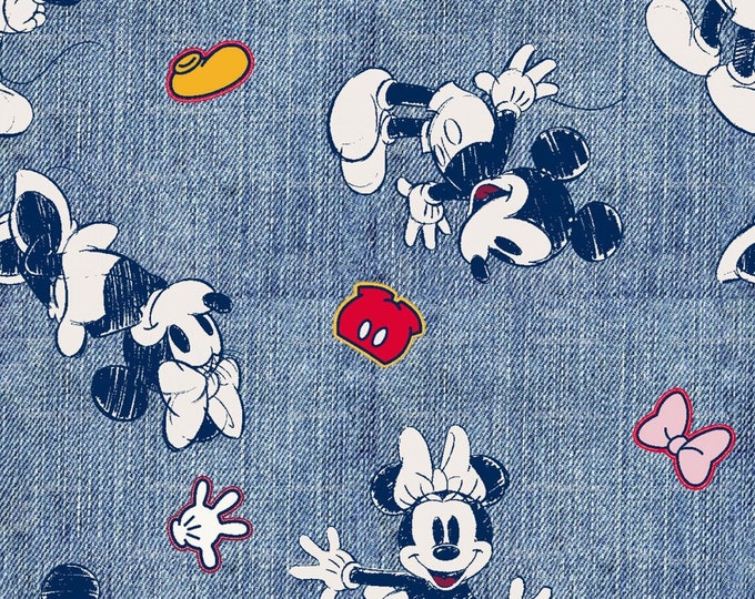 Springs Creative Mickey Minnie Den Badge In Blue White Premium Quality 100% Cotton Fabric (SC99CC)