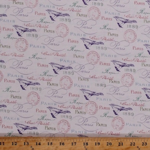 Robert Kaufman Paris France French Words Cursive Script Birds Stamps 1889 World Fair in Bloom White Premium Quality 100% Cotton Fabric (RK6)