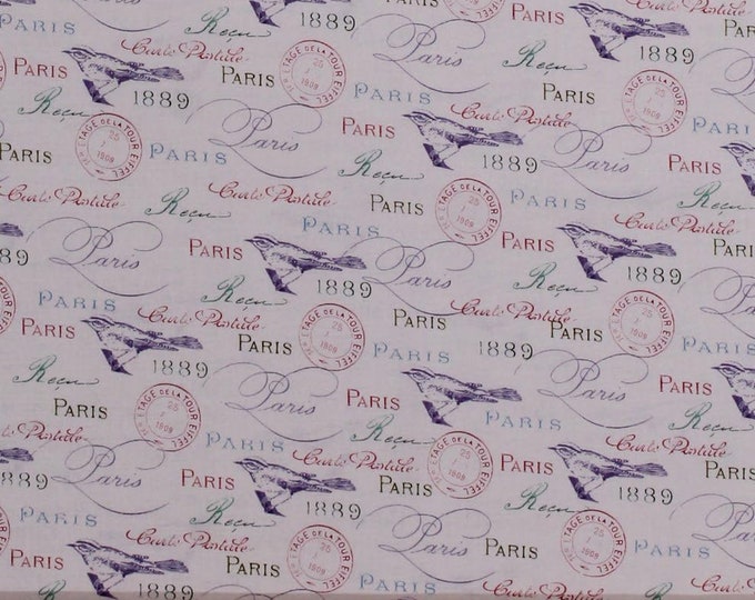Robert Kaufman Paris France French Words Cursive Script Birds Stamps 1889 World Fair in Bloom White Premium Quality 100% Cotton Fabric (RK6)