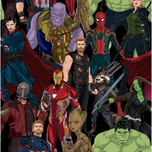May include: A colorful illustration featuring multiple superheroes and villains. Characters include Iron Man in a red suit, Thor, Thanos, Spider-Man, and the Hulk. The artwork has a comic book style with bold outlines and vibrant colors.