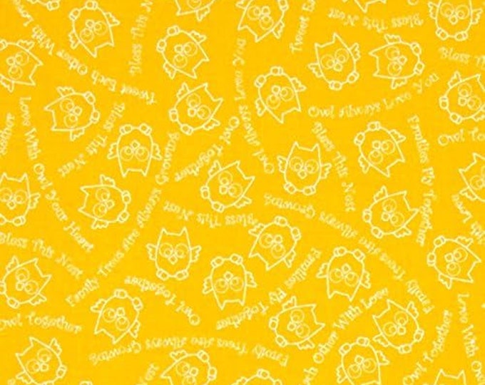 Quilting Treasures Owl in The Family Owl Sketch & Words Yellow Premium Quality 100% Cotton Fabric (QT331)