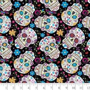 May include: A black background with a repeating pattern of colorful sugar skulls with floral designs. The skulls are white with black eyes and are decorated with pink, blue, yellow, and green flowers.