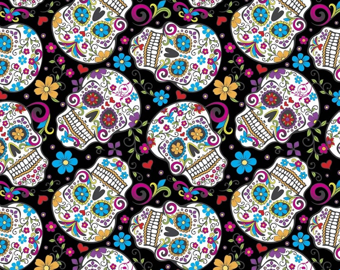 David Textiles Sugar Skulls Folkloric Black Premium Quality 100% Cotton Fabric (DA90)