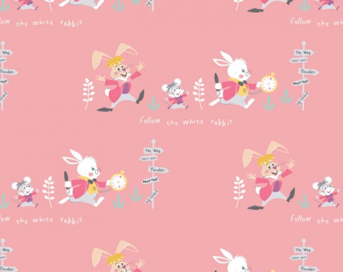 Camelot Fabrics Disney Alice in Wonderland Follow The White Rabbit Pink Premium Quality 100% Cotton Fabric (CA1445KK)