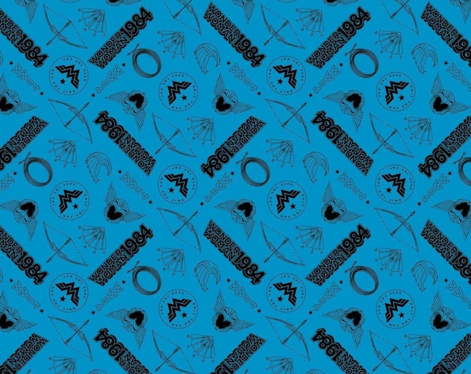 Camelot Fabrics Wonder Woman 1984 Tossed Icons Blue Premium Quality 100% Cotton Fabric (CA1385KK)