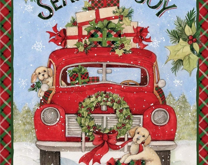 Springs Creative Red Truck Season of Joy Puppies Gifts 36 x 44 inches Panel by Susan Winget 100% Cotton Sold By The Panel. (TT615SC)