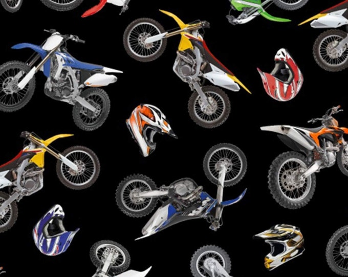 Elizabeth’s Studio In Motion Black Dirt Bikes Premium Quality 100% Cotton Fabric (ES310)