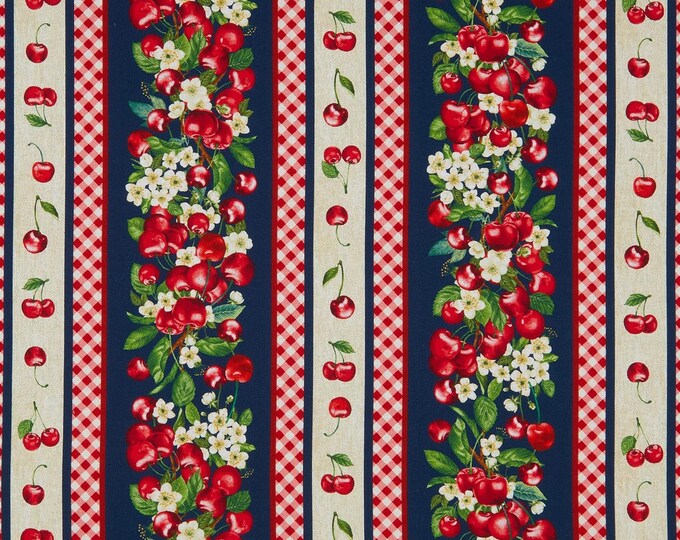 Timeless Treasures Digital Pie Cherry Stripe Fabric, Navy Premium Quality 100% Cotton Fabric (SB134SC)